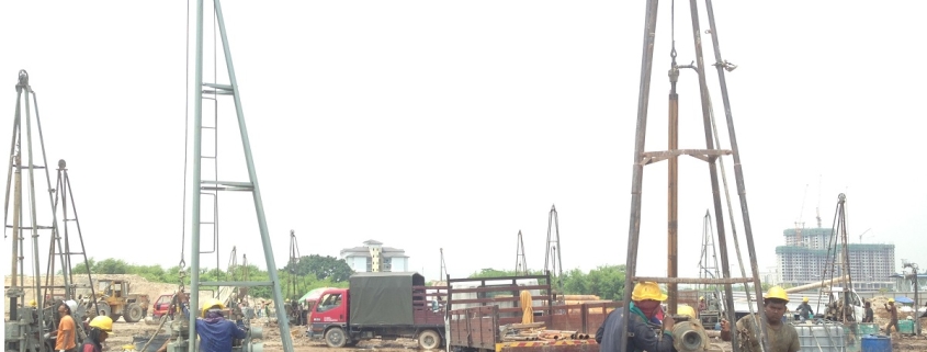 Site investigation works with rotary wash boring rigs on a construction site in Malaysia